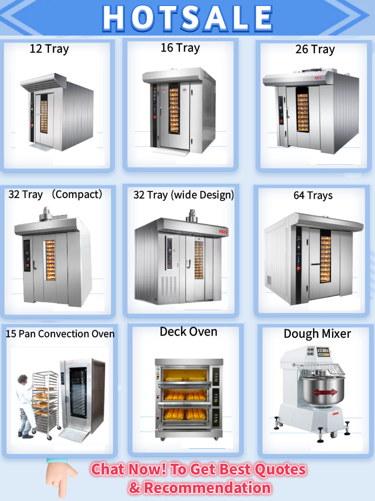 Industrial batch commercial pastry 24 32 42 gas diesel rotating rotary rack baking oven for bread and cake price bakery machine