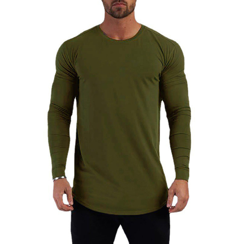 Wholesale Custom Men's Long Sleeve T-shirt Gym Fitness Apparel Workout Cotton Blank T Shirt Crop Hem Bottom Slim Sweatshirt