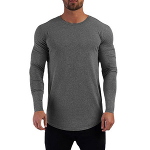 Wholesale Custom Men's Long Sleeve T-shirt Gym Fitness Apparel Workout Cotton Blank T Shirt Crop Hem Bottom Slim Sweatshirt