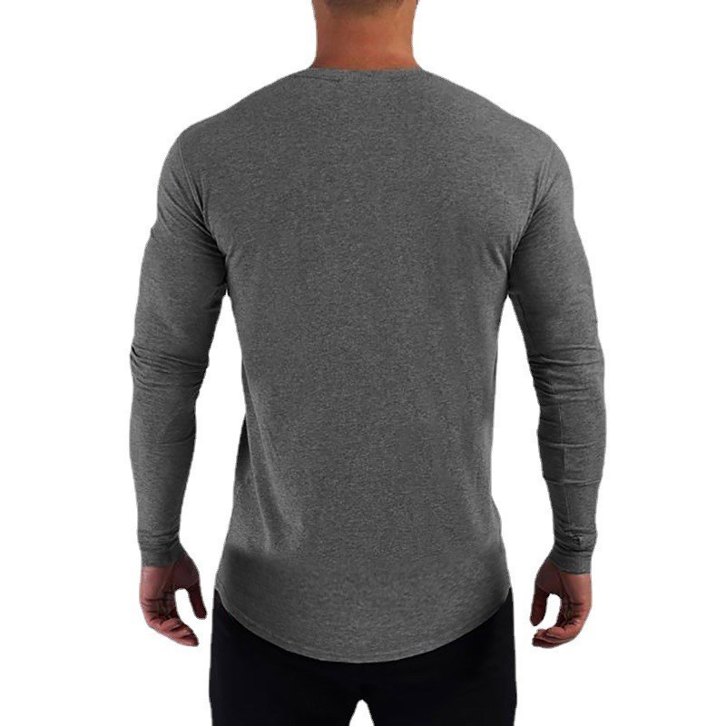 Wholesale Custom Men's Long Sleeve T-shirt Gym Fitness Apparel Workout Cotton Blank T Shirt Crop Hem Bottom Slim Sweatshirt