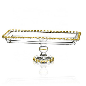 Luxury Gold heart rim square shape Glass Dessert Platter plate with foot stand