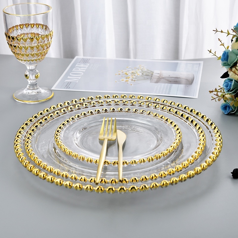 12.5 Inch Nordic Luxury Round Glass Charger Plates Dish with Gold Heart beaded Rim