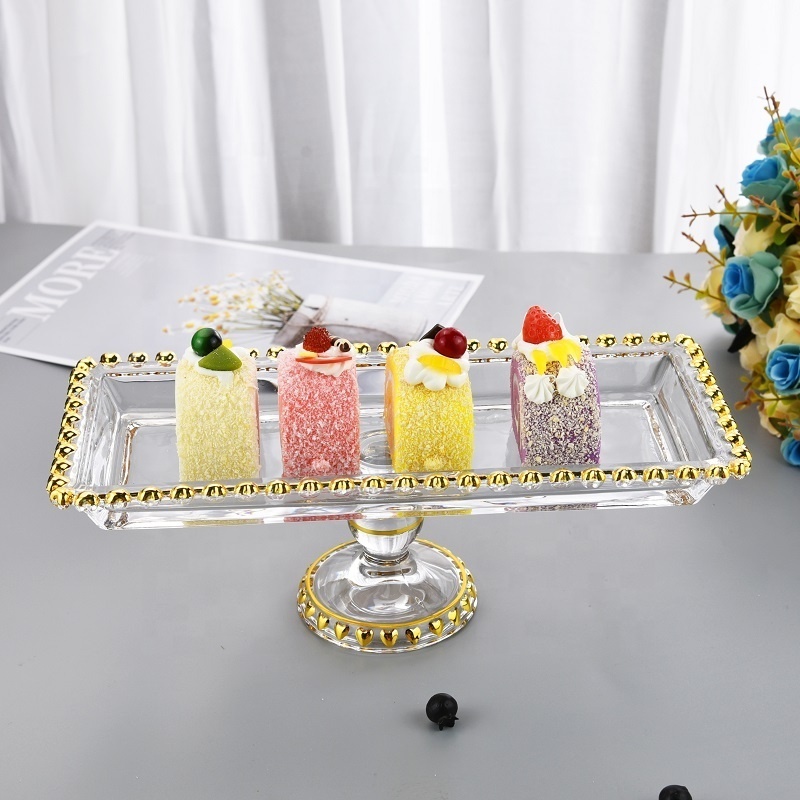 Luxury Gold heart rim square shape Glass Dessert Platter plate with foot stand