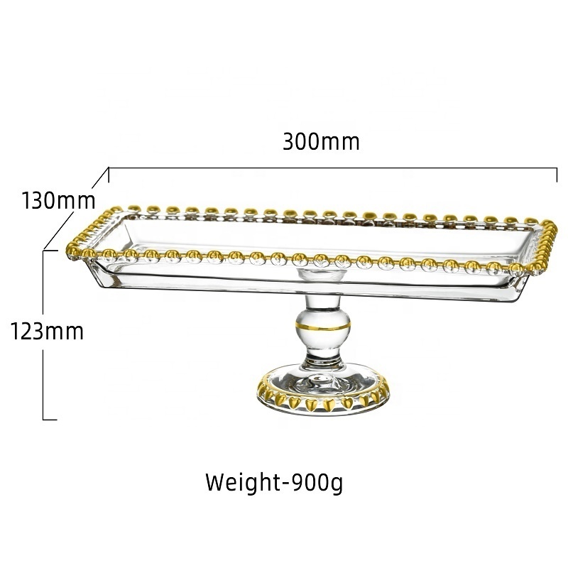 Luxury Gold heart rim square shape Glass Dessert Platter plate with foot stand