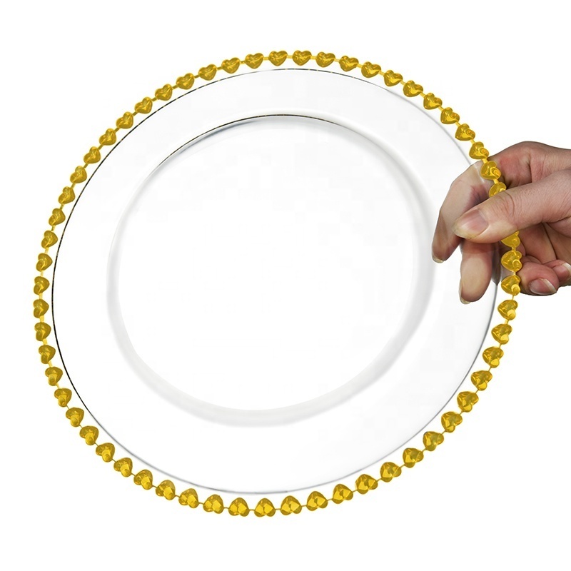 12.5 Inch Nordic Luxury Round Glass Charger Plates Dish with Gold Heart beaded Rim