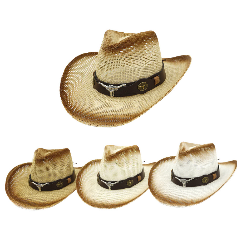 FF1526 Outdoor Western Cowboy Straw Sun Hat Floppy Fedora Straw Cowgirl Cowboy Hat for Women Men