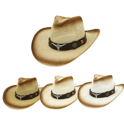 FF1526 Outdoor Western Cowboy Straw Sun Hat Floppy Fedora Straw Cowgirl Cowboy Hat for Women Men