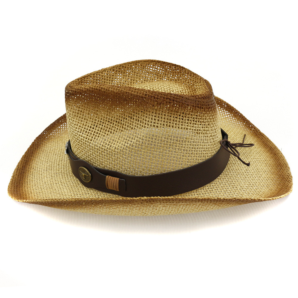 FF1526 Outdoor Western Cowboy Straw Sun Hat Floppy Fedora Straw Cowgirl Cowboy Hat for Women Men