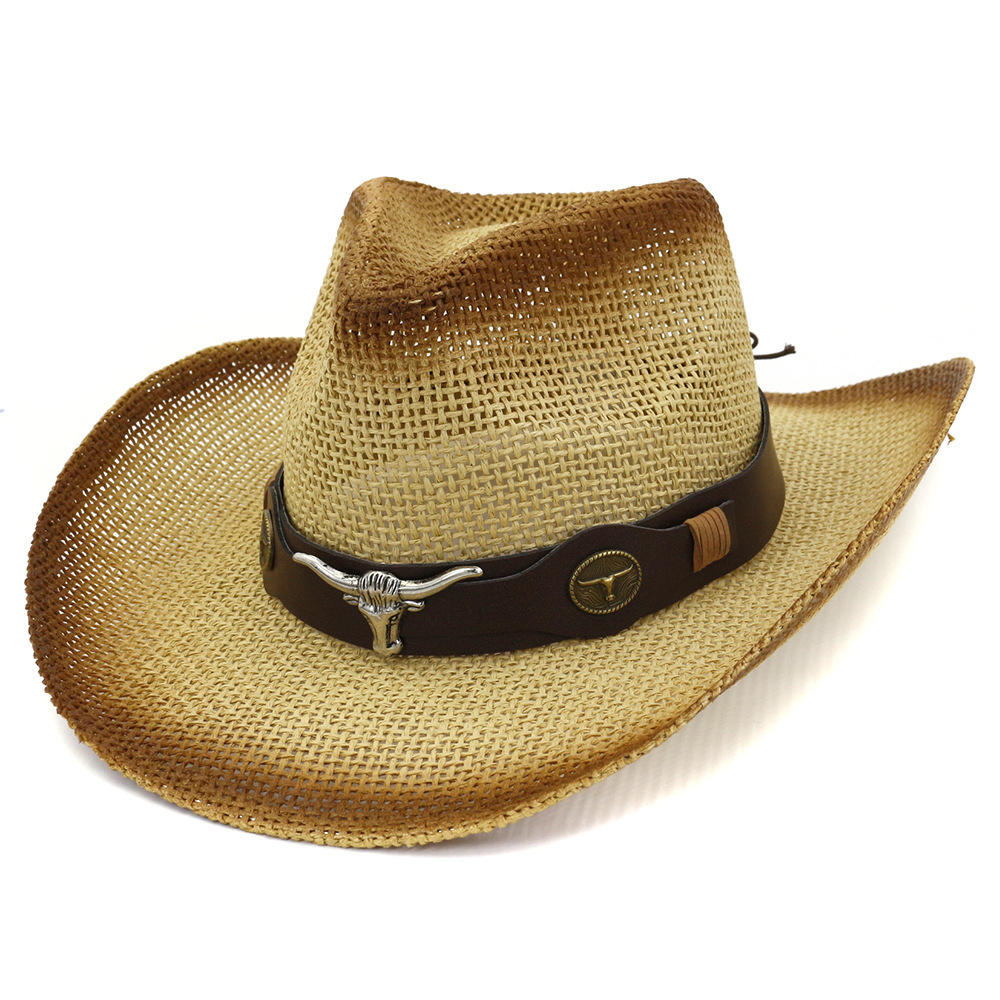 FF1526 Outdoor Western Cowboy Straw Sun Hat Floppy Fedora Straw Cowgirl Cowboy Hat for Women Men