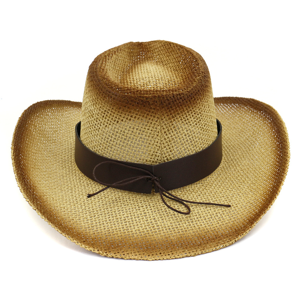 FF1526 Outdoor Western Cowboy Straw Sun Hat Floppy Fedora Straw Cowgirl Cowboy Hat for Women Men