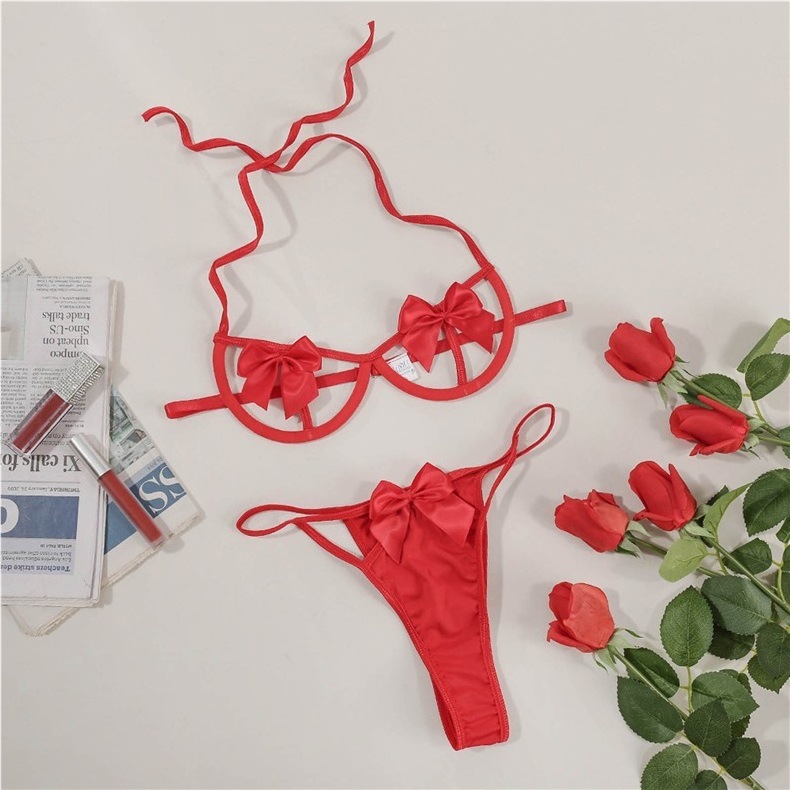 S009 Women's Bowknot Bra and Panty Thongs Sexy Lingerie Set Sleepwear Ladies Erotic Lace Bow Bikini Sexy Lingerie