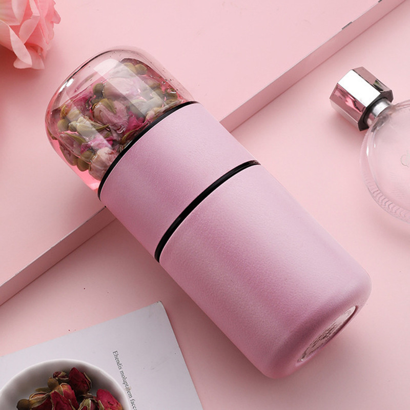 Portable High Borosilicate Glass 304 Stainless Steel Insulated Separation Tea Thermos Bottle Vacuum Cup