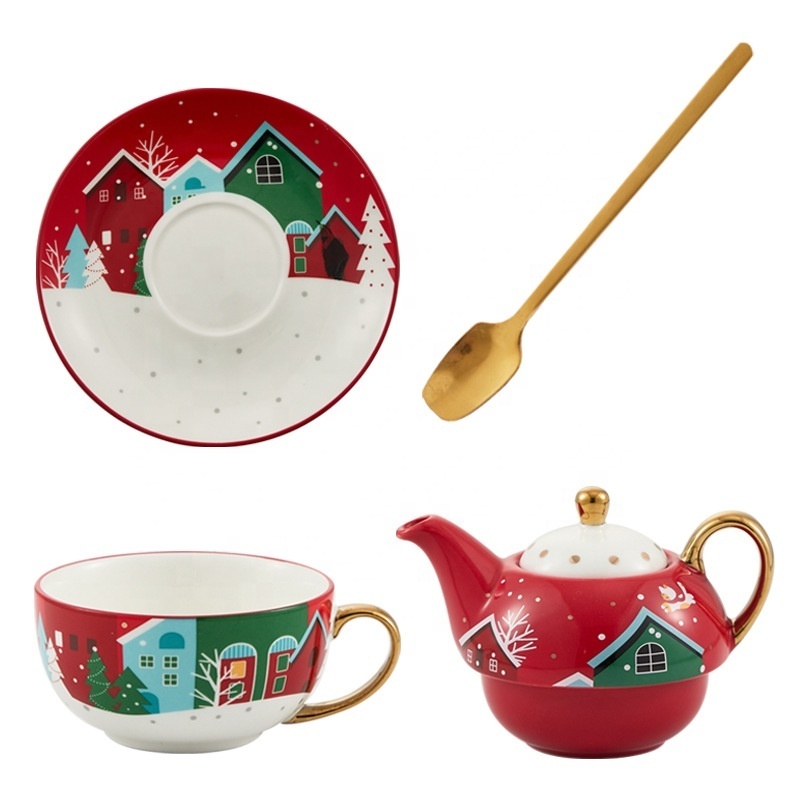 Teapot Set Hot Selling Christmas Ceramic Tea Set One Pot One Cup Feature Gold-Plated Cute Design Porcelain Mugs and Plate Gift