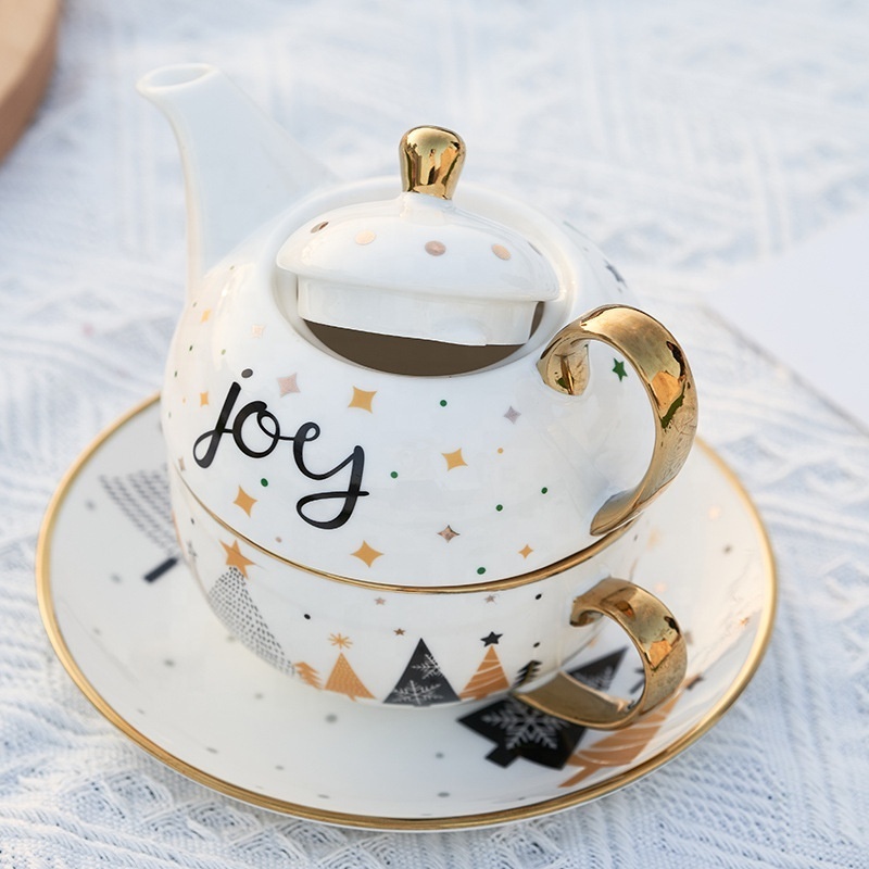 Teapot Set Hot Selling Christmas Ceramic Tea Set One Pot One Cup Feature Gold-Plated Cute Design Porcelain Mugs and Plate Gift