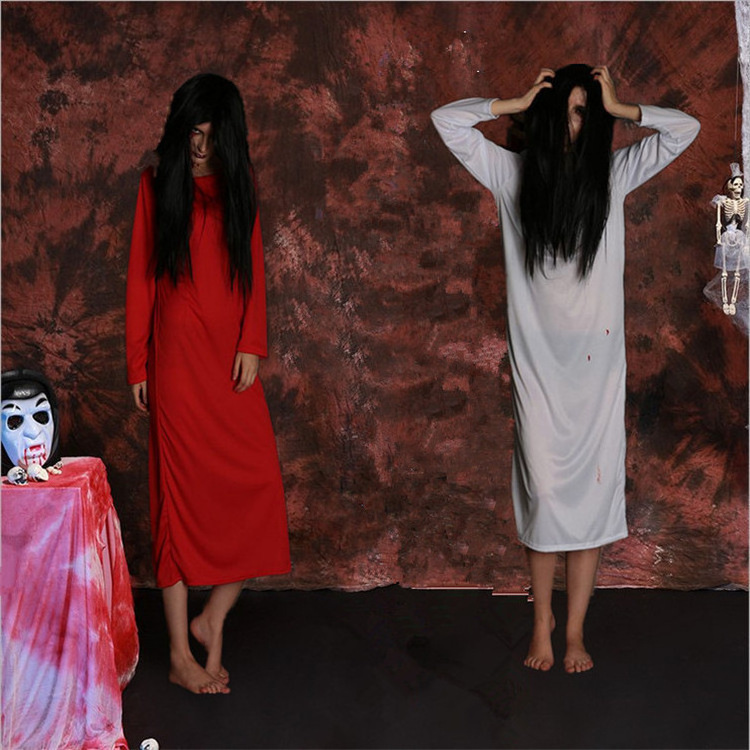 White Red Solid Plus Size Woman Gown Sadako Halloween Masquerade Scary Costumes with Wig Bride Terror Robe Dress for Female