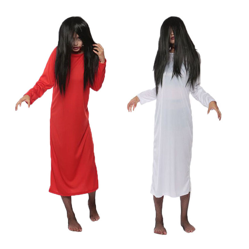 White Red Solid Plus Size Woman Gown Sadako Halloween Masquerade Scary Costumes with Wig Bride Terror Robe Dress for Female