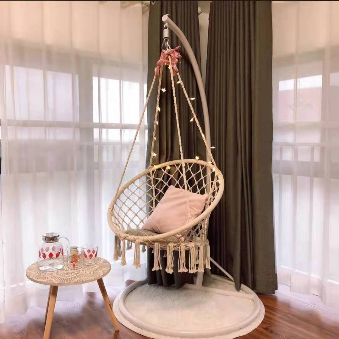 Longsen  home furniture rattan leisure macrame chairs beige garden rope weave hanging swing chair