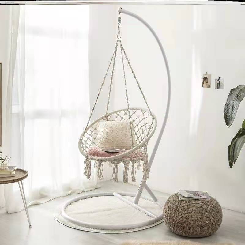 Longsen  home furniture rattan leisure macrame chairs beige garden rope weave hanging swing chair