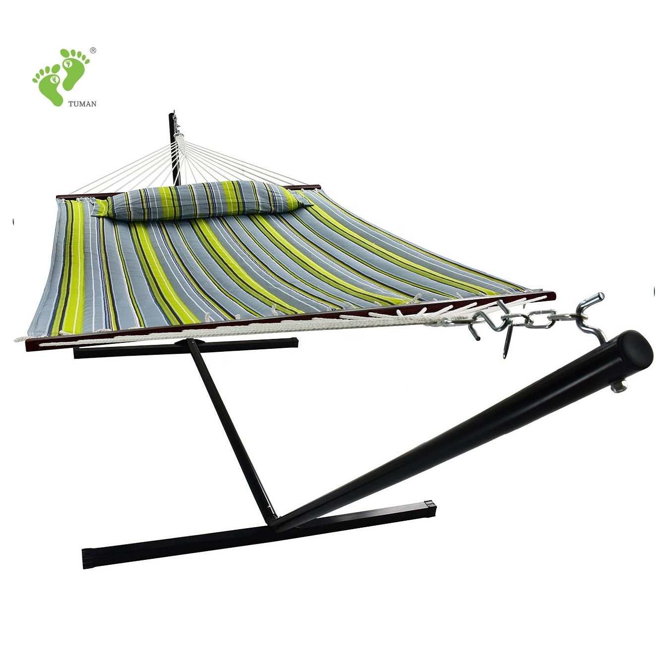 Longsen one or double person cotton canvas stripped portable hammock with stand and pillow