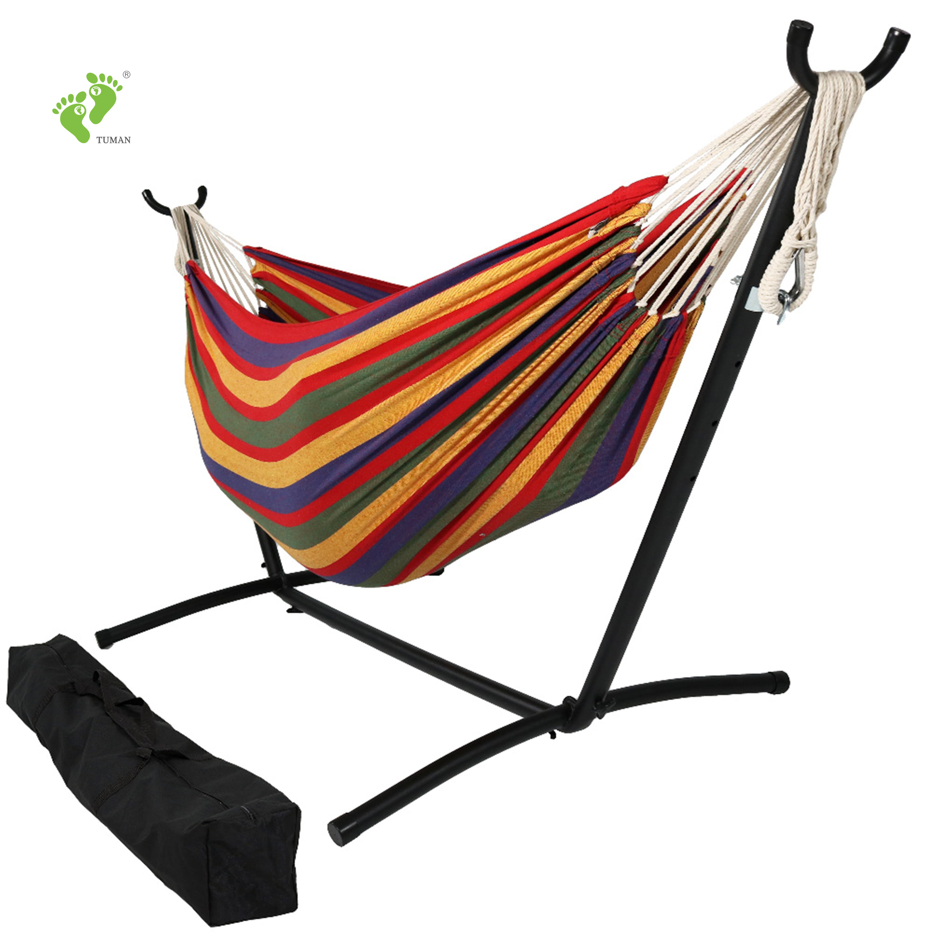 Longsen factory adult multiple colors hammocks with carry bag  heavy duty cotton canvas luxury hammock with steel stand