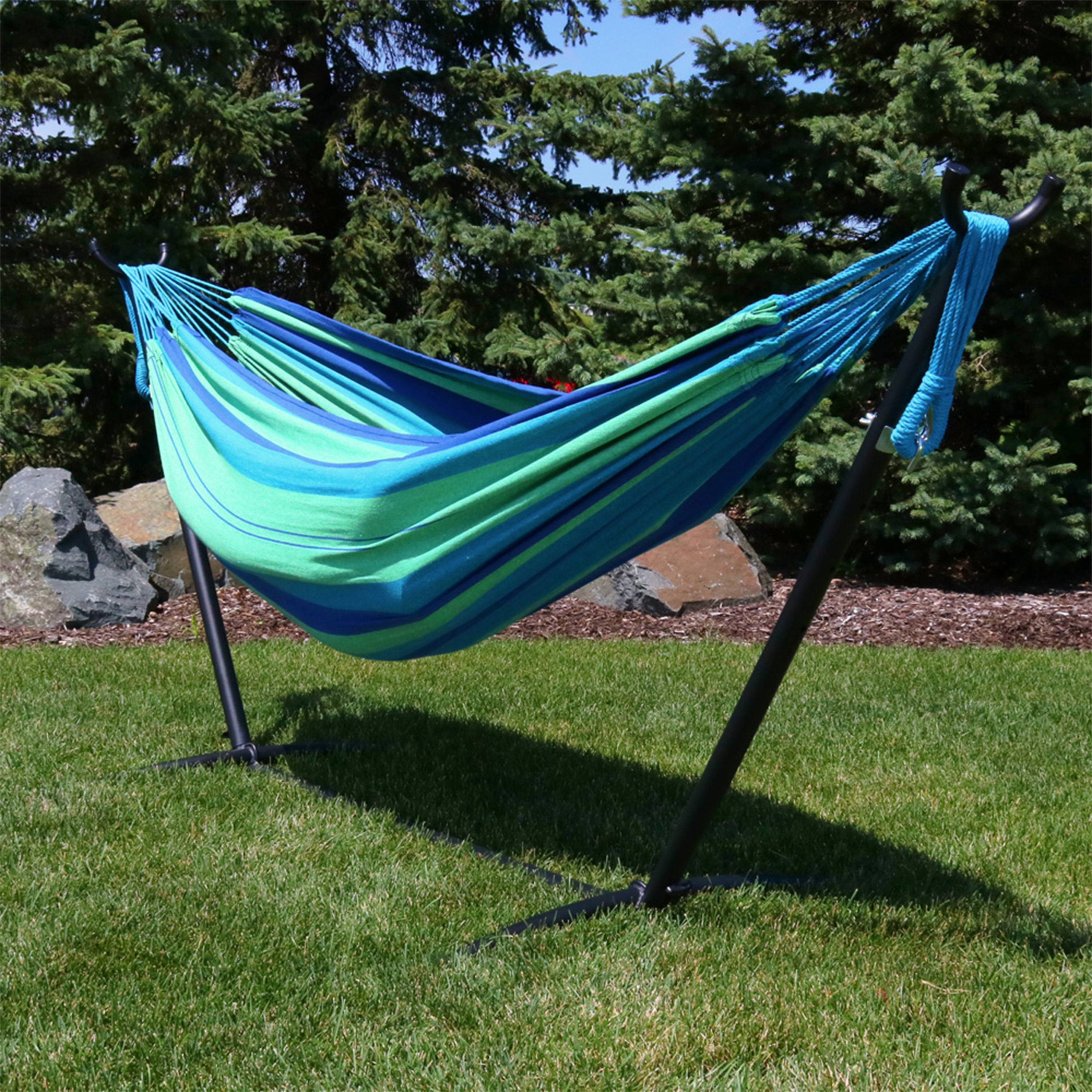 Longsen light weight heavy duty durable 400lbs adult folding hammocks garden canvas cotton hammock with metal stand