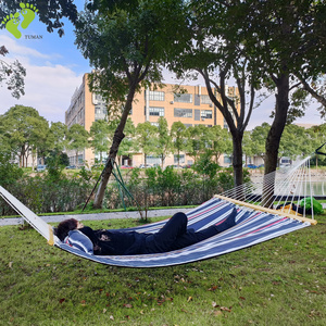 Longsen camping portable hammock with bamboo bar and striped fabric cotton quilted outdoor double hammock