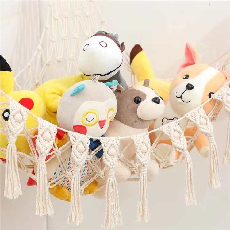 Longsen popular bedroom stuffed animal hammock net with macrame customized size cotton storage toy hammock