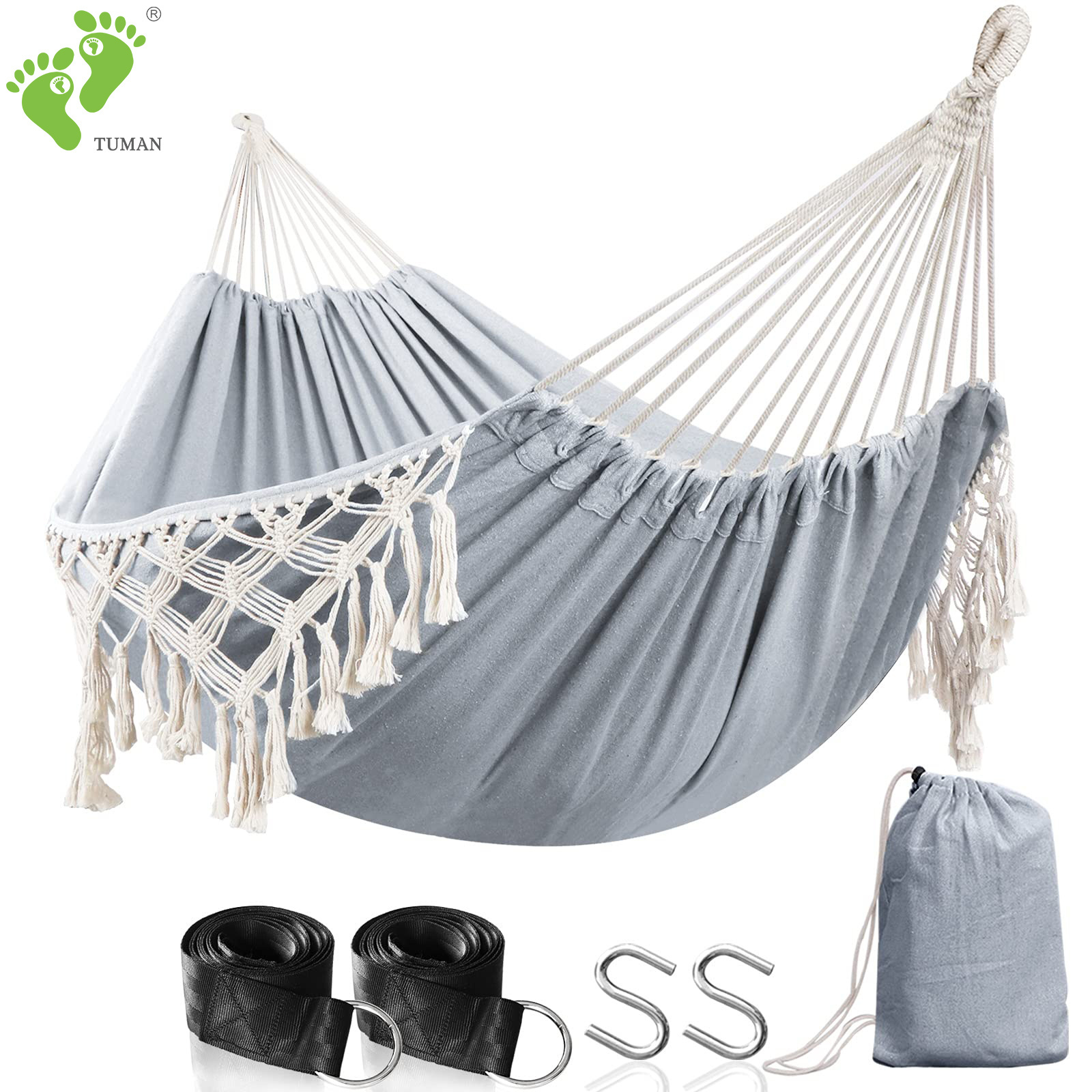 Longsen spring new arrival glamping canvas cotton hammock with macrame light color porch garden hammock