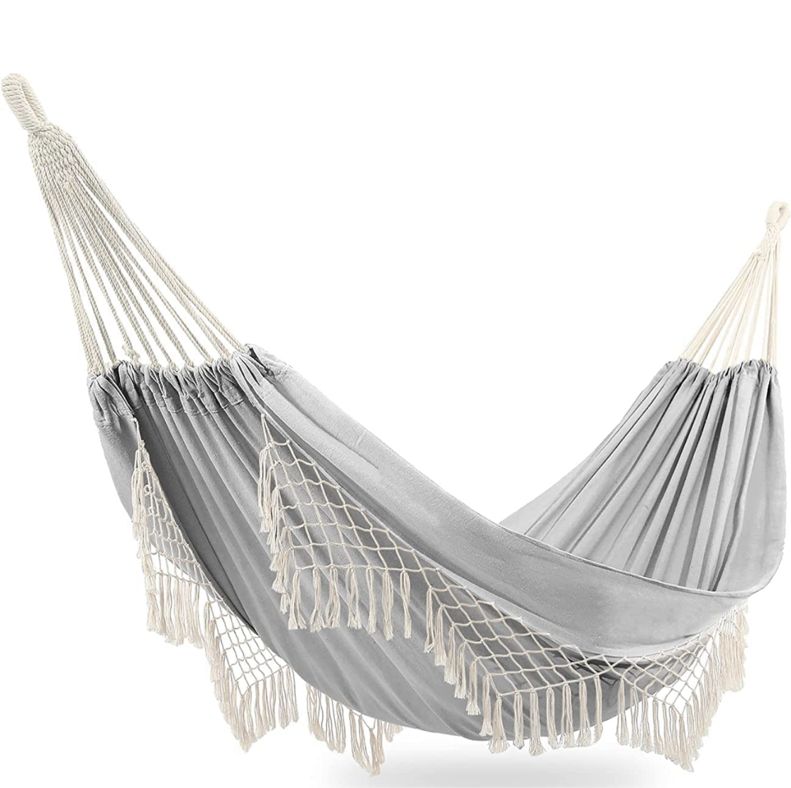 Longsen spring new arrival glamping canvas cotton hammock with macrame light color porch garden hammock