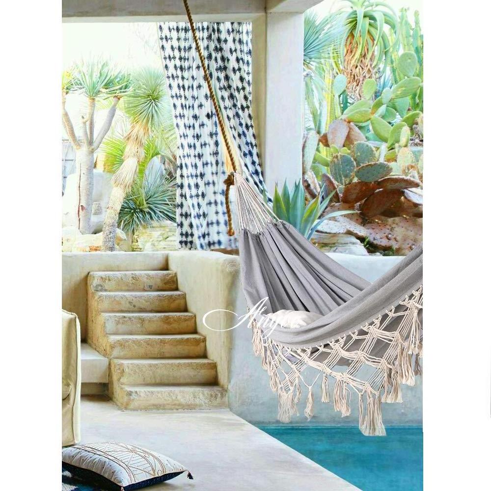 Longsen spring new arrival glamping canvas cotton hammock with macrame light color porch garden hammock