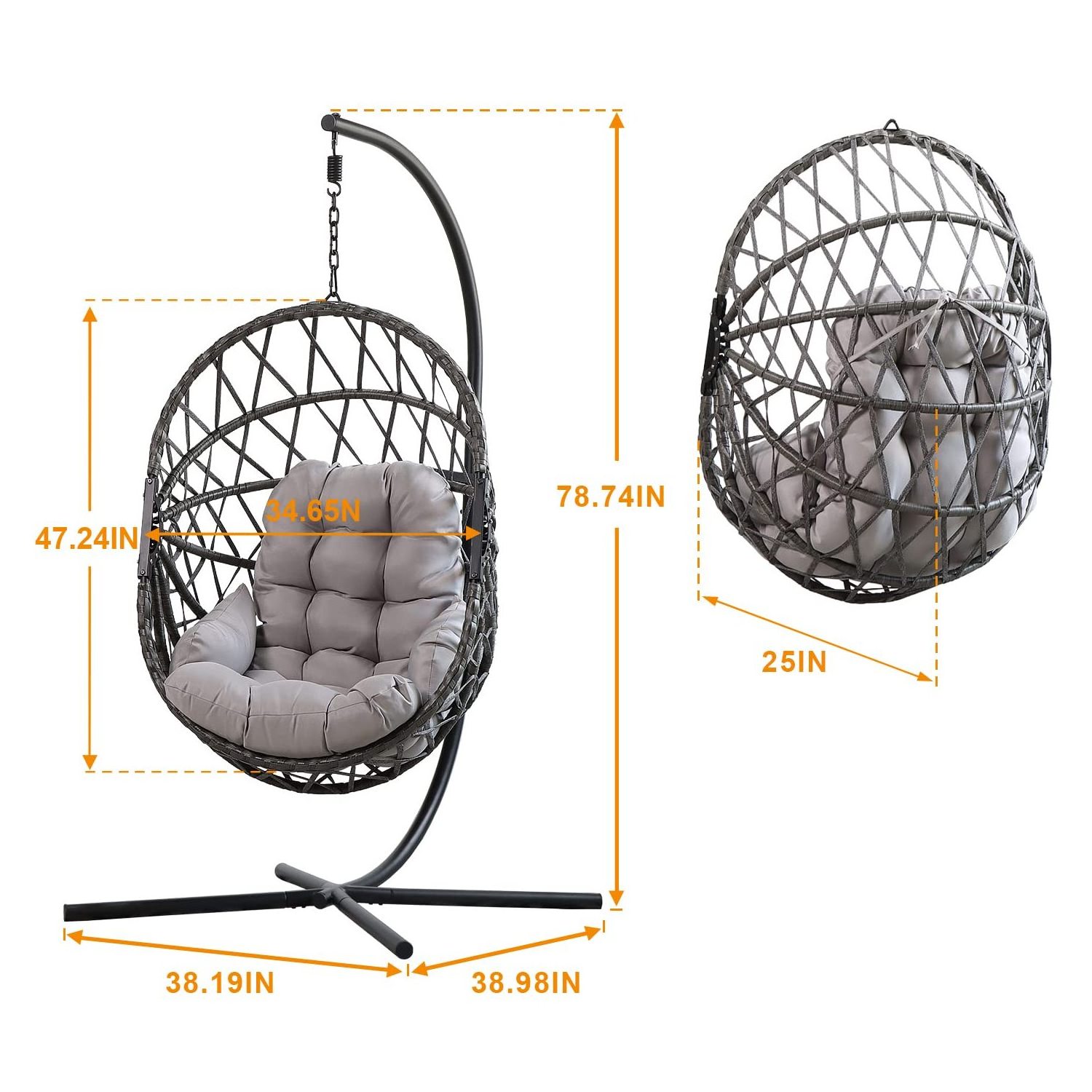 Longsen custom moon garden furniture egg wicker gray cushion rattan swing chair hanging with metal stand