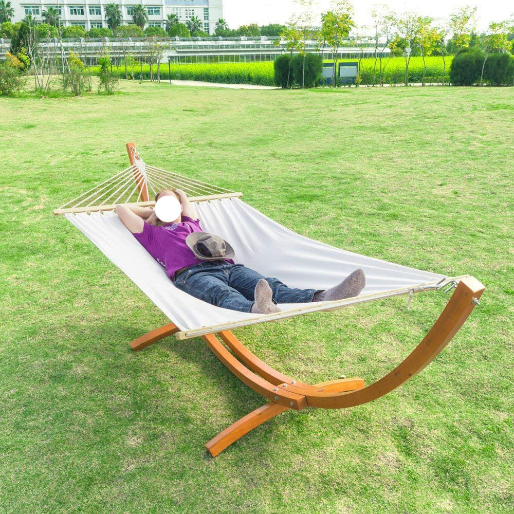 Longsen New Design Spring Garden Patios White Hammock With Wooden Stand Custom Hanging Cuddle Hammock