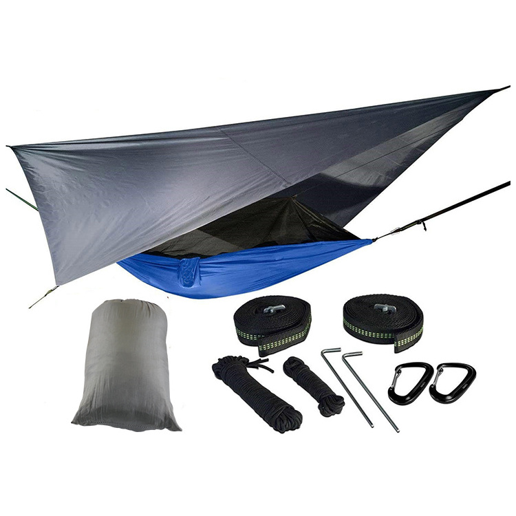 Longsen outdoor portable nylon camping hammock with rain fly tarp pu 3000 custom logo and mosquito net