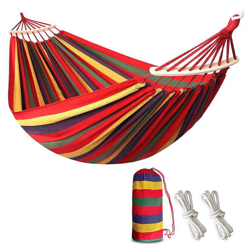 Garden Comfortable Summer Striped Hanging Swing Bed Cotton Foldable Spreader Bar Hammock Park Canvas Hammock