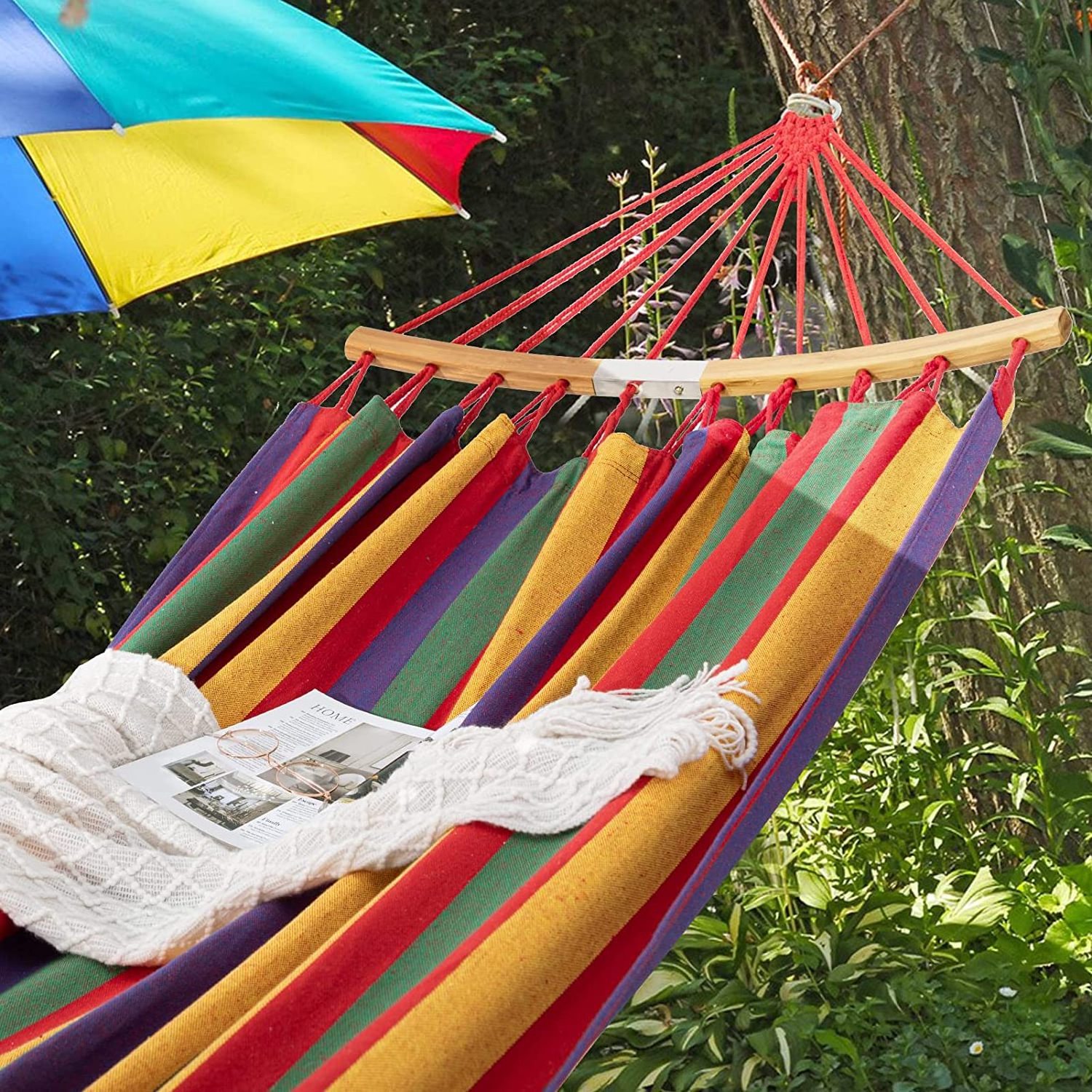 Garden Comfortable Summer Striped Hanging Swing Bed Cotton Foldable Spreader Bar Hammock Park Canvas Hammock