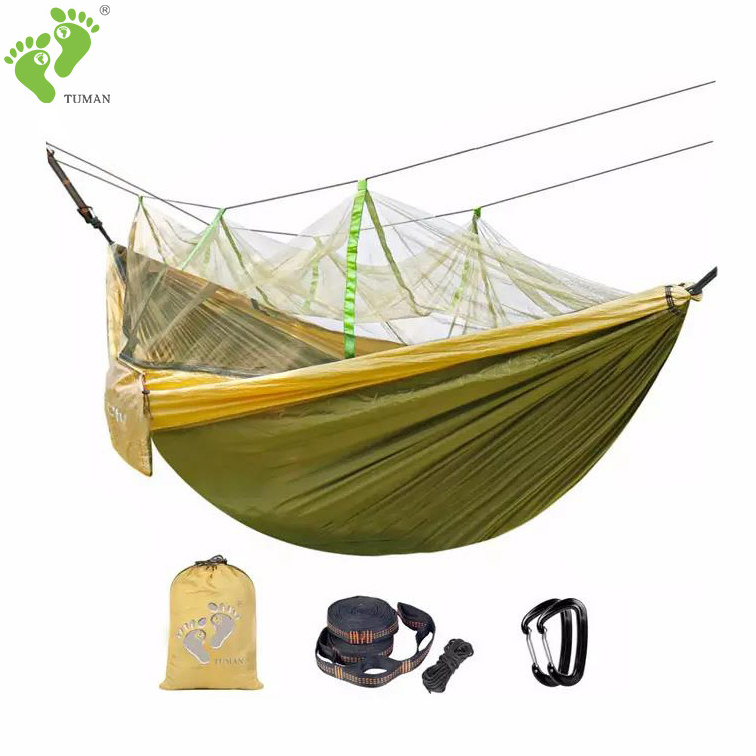 High Quality Factory Direct Green Hammock With Bug Net Lightweight Nylon Camping Parachute Hammock With Mosquito Net