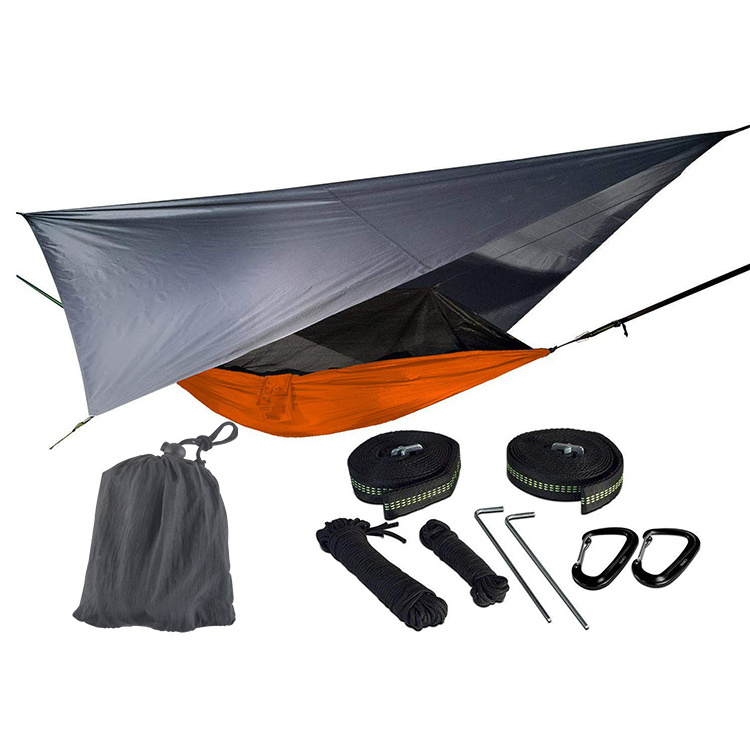 Nylon jungle outdoor portable double parachute camping hammock with mosquito net and rain fly