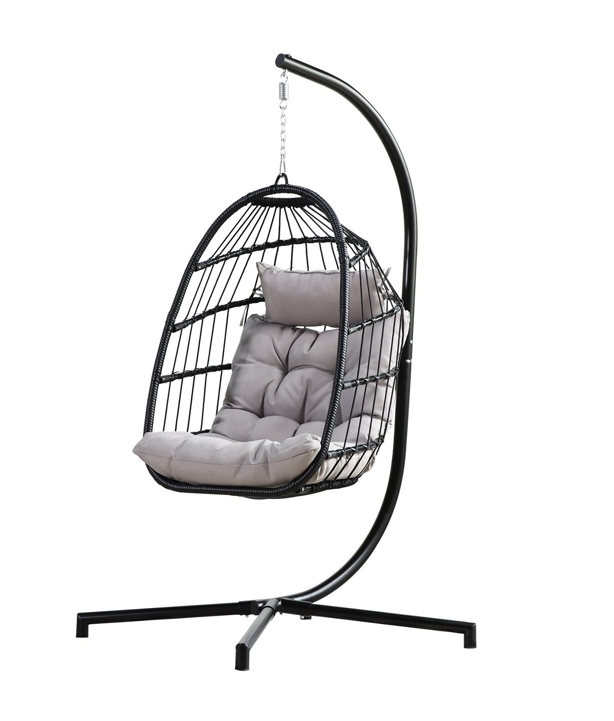 Longsen custom moon garden furniture egg wicker gray cushion rattan swing chair hanging with metal stand