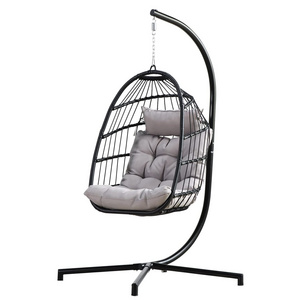 Longsen custom moon garden furniture egg wicker gray cushion rattan swing chair hanging with metal stand