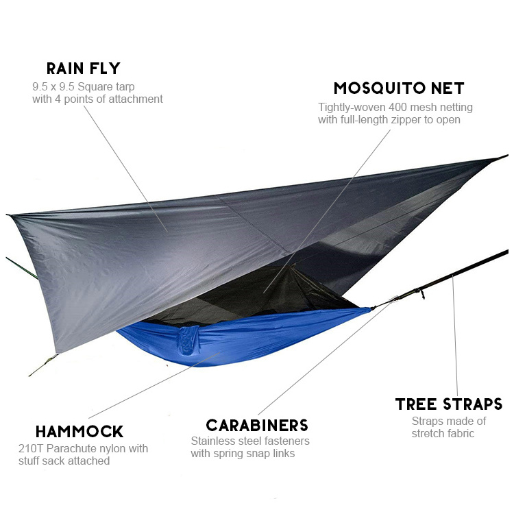 Nylon jungle outdoor portable double parachute camping hammock with mosquito net and rain fly