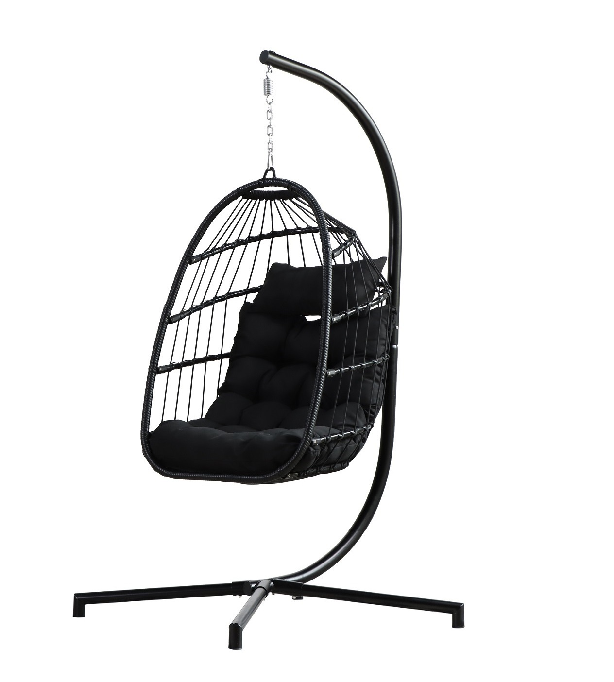 Longsen custom moon garden furniture egg wicker gray cushion rattan swing chair hanging with metal stand