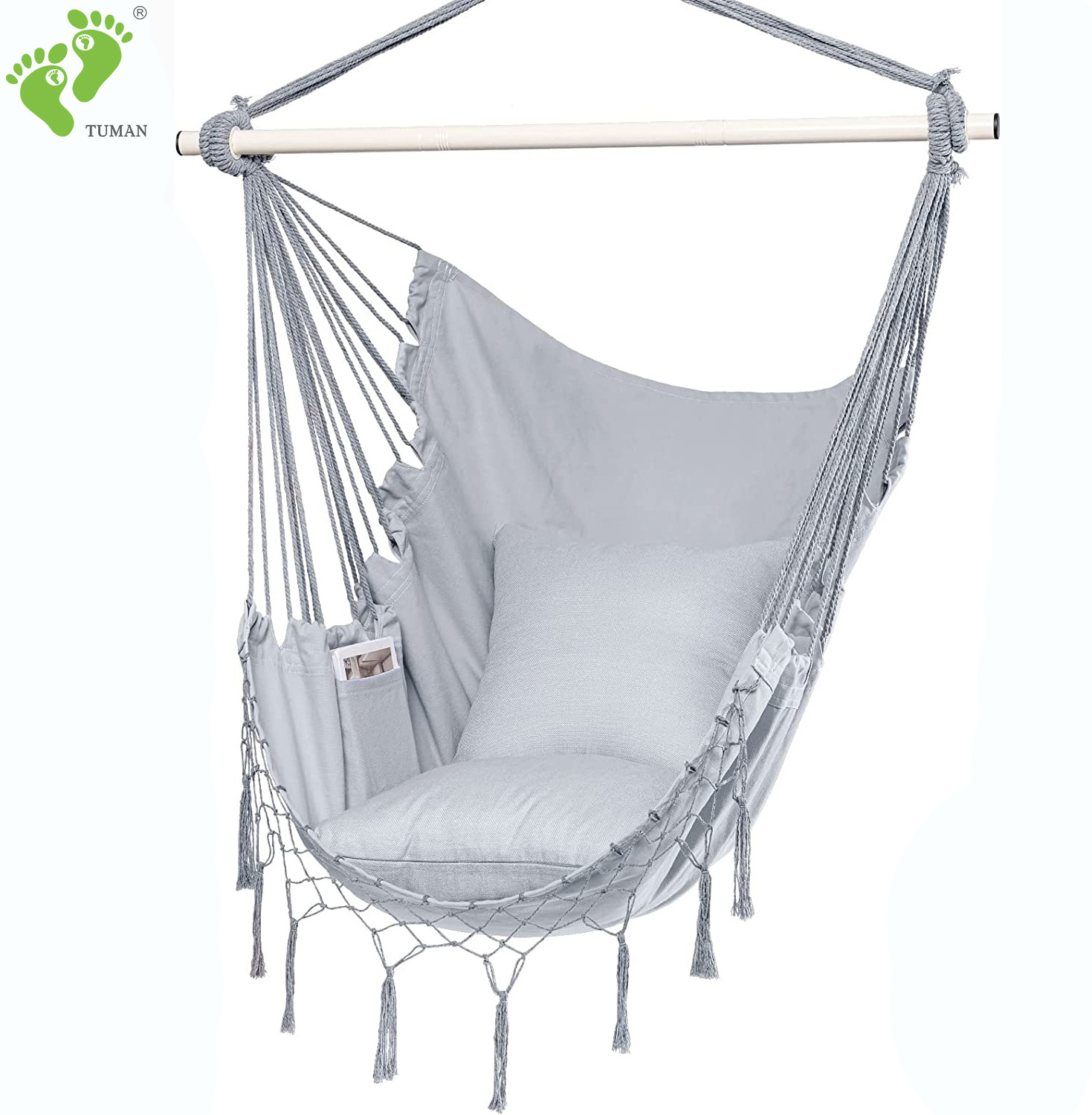 Longsen  Max 330 Lbs Macrame Hanging Cotton Rope Hammock Chair Swing for Indoor and Outdoor Use White