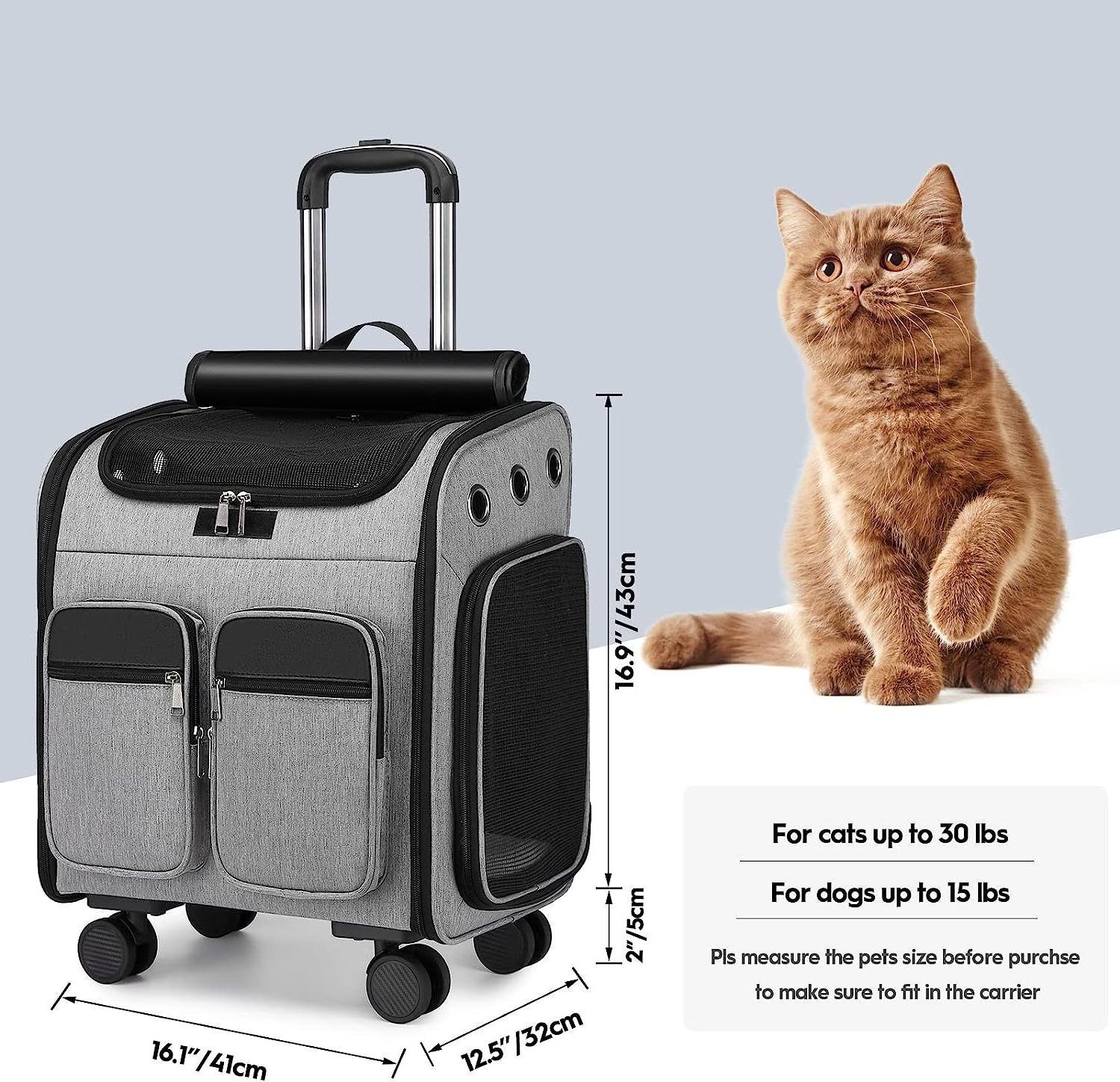 Hot Airline Approved Pet Carrier with Detachable Wheels Oxford Weekend Cat Travel Rolling Carrier