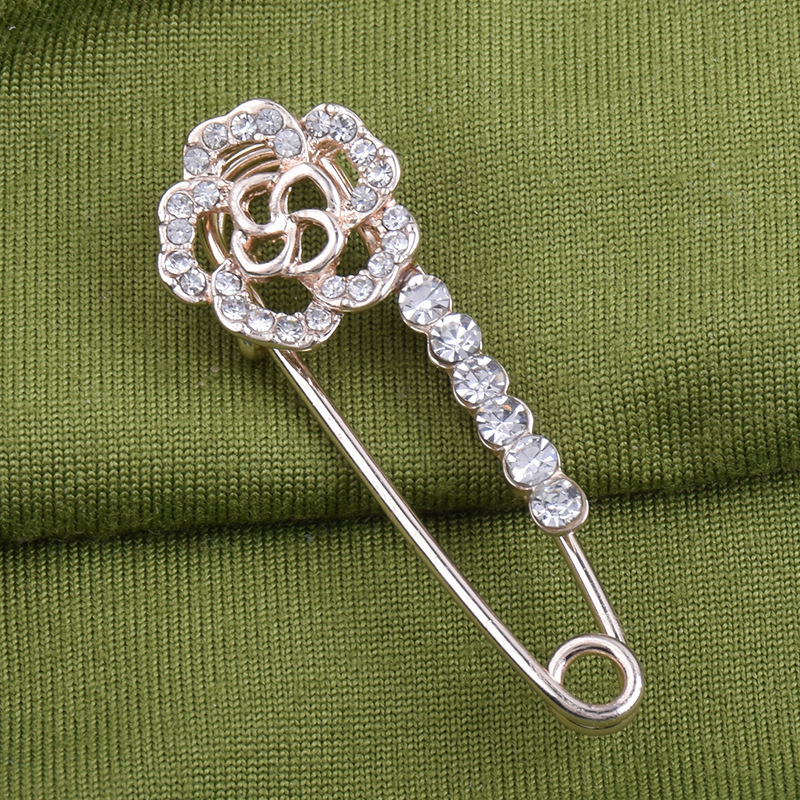 Rose Flower Brooch Fashion Rhinestones Safety Pin and Brooches for Women