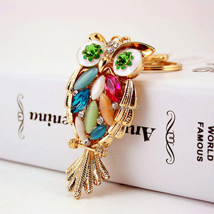 Gold Flower Crystal Owl Keychain Full Rhinestone Key Ring Key Holder For Women Bag Accessories Cute Animal Car Key Chain