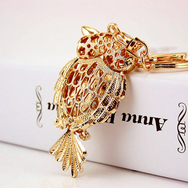 Gold Flower Crystal Owl Keychain Full Rhinestone Key Ring Key Holder For Women Bag Accessories Cute Animal Car Key Chain