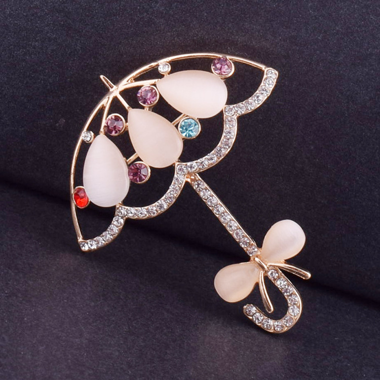 Opal And Rhinestone Umbrella Brooch For Women Cute Korea Style Brooch Pin Coat Dress Corsage Accessories