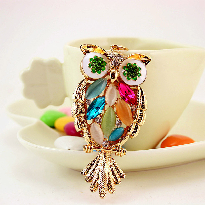 Gold Flower Crystal Owl Keychain Full Rhinestone Key Ring Key Holder For Women Bag Accessories Cute Animal Car Key Chain