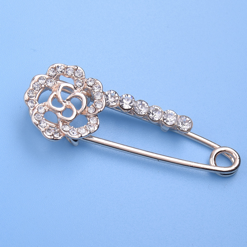 Rose Flower Brooch Fashion Rhinestones Safety Pin and Brooches for Women