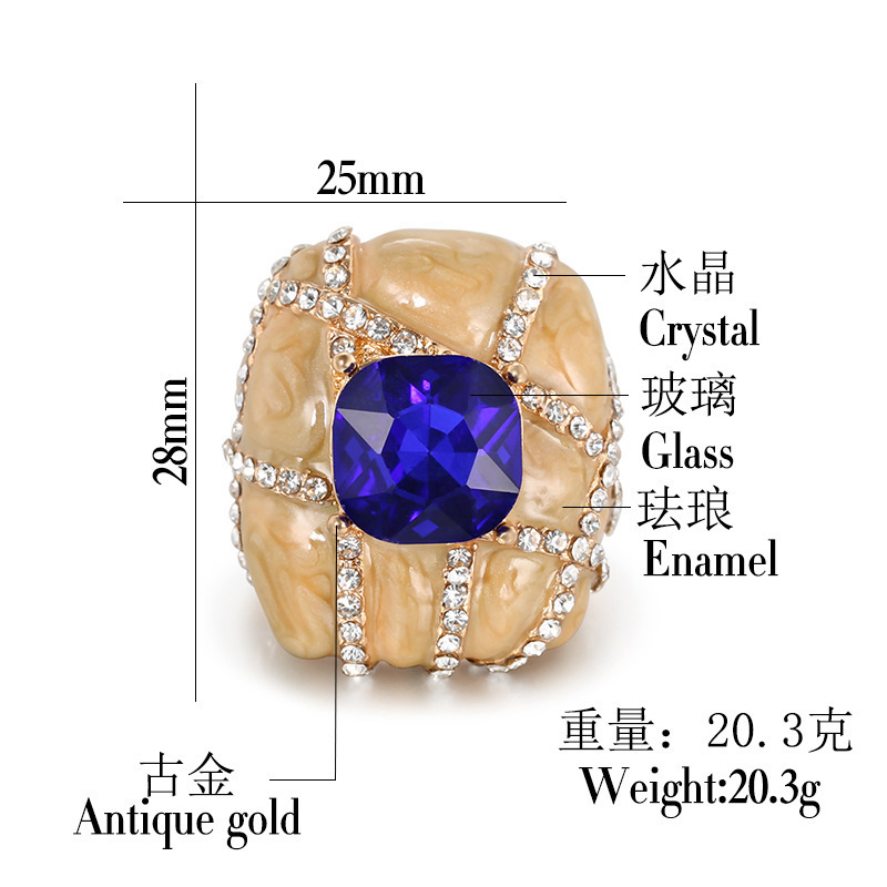 Unique Big Ring Dubai Fashion Gold Enamel Rings For Women Blue Glass Stone And White Crystal Cross Mosaic Vintage Jewelry